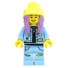 Parker L. Jackson, Bright Light Blue Denim Jacket, Bright Light Yellow Beanie Hat, Medium Lavender Hair