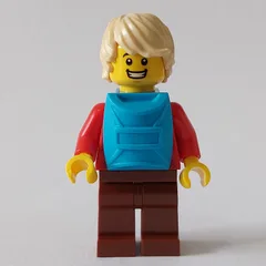 Man, Red Plaid Shirt, Reddish Brown Legs, Tan Hair, Backpack on Front