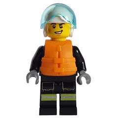 Firefighter, Black Fire Suit, Orange Life Vest, White Helmet
