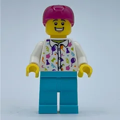 Man, White Shirt with Balloons, Medium Azure Legs, Magenta Helmet