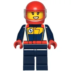 Race Driver, Dark Blue and White Racing Suit, Red Helmet with Visor