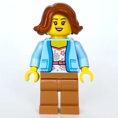 Woman, Bright Light Blue Cardigan, Medium Nougat Legs