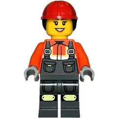 Construction Worker, Reddish Orange Jacket, Overall, Red Hard Hat with Hair
