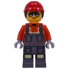 Construction Worker, Reddish Orange Safety Jacket, Overalls, Red Helmet, Reddish Brown Hair