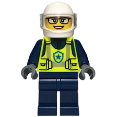 Police Officer, Vibrant Yellow Safety Vest, Dark Blue Legs, White Helmet