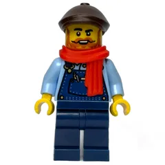 Train Driver, Dark Blue Overall, Reddish Brown Cap, Scarf