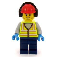 Airport Ground Crew Worker, Vibrant Yellow Torso, Dark Blue Legs, Red Hard Hat