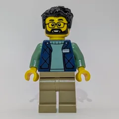 LEGO Employee, Dark Blue Torso, Dark Tan Legs, Black Hair