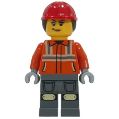 Construction Worker, Reddish Orange Jacket, Dark Bluish Gray Legs, Red Hard Hat with Ponytail