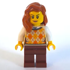 Woman, Tan Sweater, Reddish Brown Legs, Dark Orange Hair