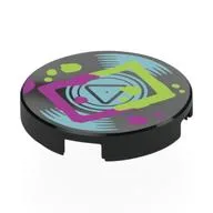 Tile Round 2 x 2 with Vinyl Record, Metallic Light Blue Grooves, Center, Lime/Magenta Rectangle, Splotches Print, Black