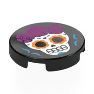 Tile Round 2 x 2 with Calavera (Skull) with Magenta Flowers Print, Black