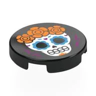 Tile Round 2 x 2 with Calavera (Skull) with Orange Flowers Print, Black