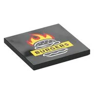 Tile 4 x 4 with 'BURGERS' on Yellow Field, Burger, Red and Yellow Flames Print, Black
