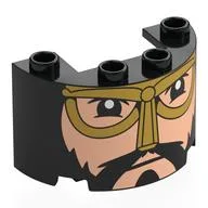 Cylinder Half 2 x 4 x 2 with 1 x 2 Cutout with Light Nougat Face, Black Beard, Moustache, Gold Helmet Print, Black