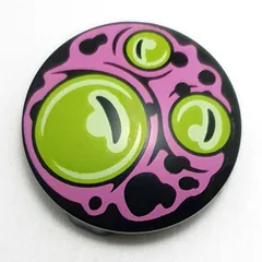 Plate Round 2 x 2 with Rounded Bottom with Lime Alien Eyes, Dark Pink Swirls Print, Black