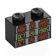 Brick 1 x 2 with 'NOV 05 1955', 'OCT 26 1985', 'OCT 26 1985' Print, Black