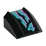Brick Curved 2 x 2 with Lip, No Studs with Dark Pink and Dark Turquoise Lines and '4' Print, Black