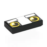 Tile 1 x 2 with Blocky Cat Face, Yellow Eyes, White Eyebrows Print, Black