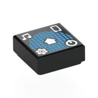 Tile 1 x 1 with Medium Blue Squared Sphere, White Music Note, Gear, On/Off Button, Phone Print, Black