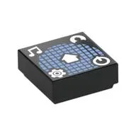 Tile 1 x 1 with Medium Blue Squared Sphere, White Music Note, Gear, On/Off Button, Avatar Print, Black