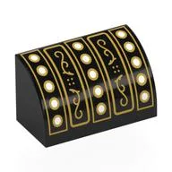 Brick Curved 1 x 2 x 1 No Studs with Cash Registry, Gold Buttons, Spirals Print, Black