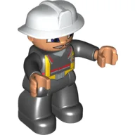 Duplo Figure with Fireman Helmet White, and Gray Mustache on Nougat Face and Hands, Black