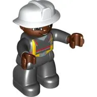 Duplo Figure with Fireman Helmet White, and Dark Brown Face and Hands, Black