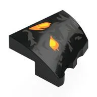 Brick Wedged, Curved 2 x 2 with Stud Notch Left with Yellow/Orange Eyes, Silver Markings Print, Black