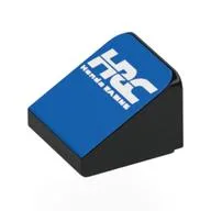 Brick Sloped 30° 1 x 1 x 2/3 with White 'HRC Honda RACING' on Blue Background Print, Black