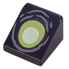Brick Sloped 30° 1 x 1 x 2/3 with Lime/Yellowish Green Eye, Dark Bluish Grey Wrinkles Print, Black