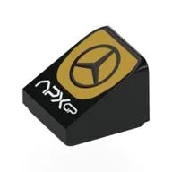 Brick Sloped 30° 1 x 1 x 2/3 with Mercedes Logo on Orange Circle, White 'APX GP' Print, Black