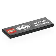 Tile 2 x 6 with 'LEGO BATMAN RETURNS', Silver Batman Logo Print, Black