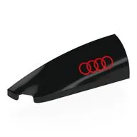 Brick Round, Curved Double 1 x 4 with Stud Notch Left with Red Audi Logo Print, Black