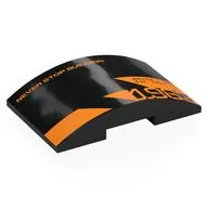 Brick Curved 4 x 6 Double, 2 x 4 Cutout with Orange 'NEVER STOP BUILDING', '1963', 'BRUCE / MRL Est. 1963' Print, Black