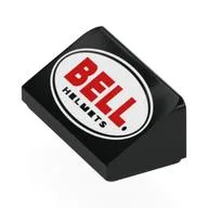 Brick Sloped 30° 1 x 2 x 2/3 with Red 'BELL', Black 'HELMETS' in Black Oval, White Field Print, Black