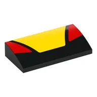 Brick Curved 2 x 4 x 2/3 No Studs with Yellow Trapezoid, Red Triangles Print, Black