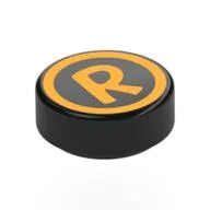 Tile Round 1 x 1 with Bright Light Orange Circle, 'R' Print, Black