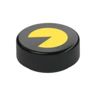 Tile Round 1 x 1 with Yellow PAC MAN Print, Black