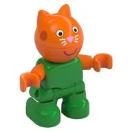 Duplo Figure Child, Cat with Orange Head, Bright Pink Nose, Smile Print, Bright Green