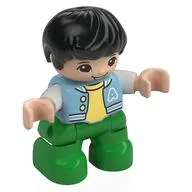 Duplo Figure Child, Hair Combed Forward with Curl Black, Bright Green Legs, Bright Light Yellow Under Shirt, Jacket, Hearing Aids Print, Bright Green