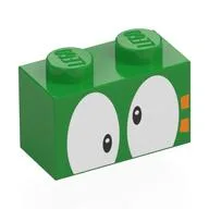 Brick 1 x 2 with Crossed Eyes and Orange Marking Print, Bright Green
