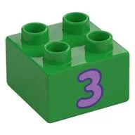 Duplo Brick 2 x 2 with Lavender '3' Print, Bright Green