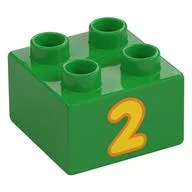 Duplo Brick 2 x 2 with Yellow '2' Print, Bright Green