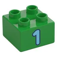 Duplo Brick 2 x 2 with Medium Azure '1' Print, Bright Green