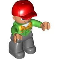 Duplo Figure with Cap Red, with Bright Green Long Sleeve Shirt with Light Orange Collar and Pocket Flaps - Nougat Face with Open Mouth Smile - Dark Bluish Gray Legs, Bright Green