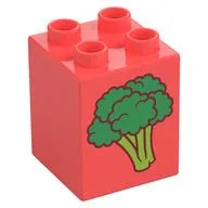 Duplo Brick 2 x 2 x 2 with Broccoli, Cut Pear on Back Print, Coral