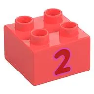 Duplo Brick 2 x 2 with Red '2' Print, Coral