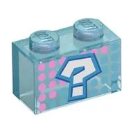 Brick 1 x 2 with Dark Azure '?', Dark Pink/Dark Turquoise Dots Print, Opal Trans-Light Blue