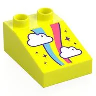 Duplo Brick 3 x 2 Slope 33° with White Clouds, Coral/Medium Blue Rainbow, Stars Print, Vibrant Yellow